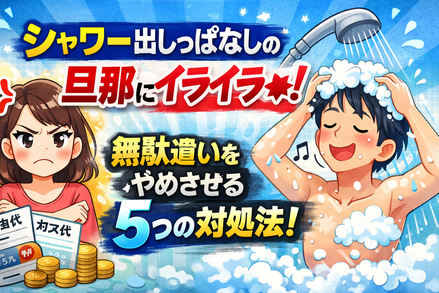 シャワーを出しっぱなしにする旦那にイライラする妻と、無駄遣いに気づかない夫を描いたイラスト