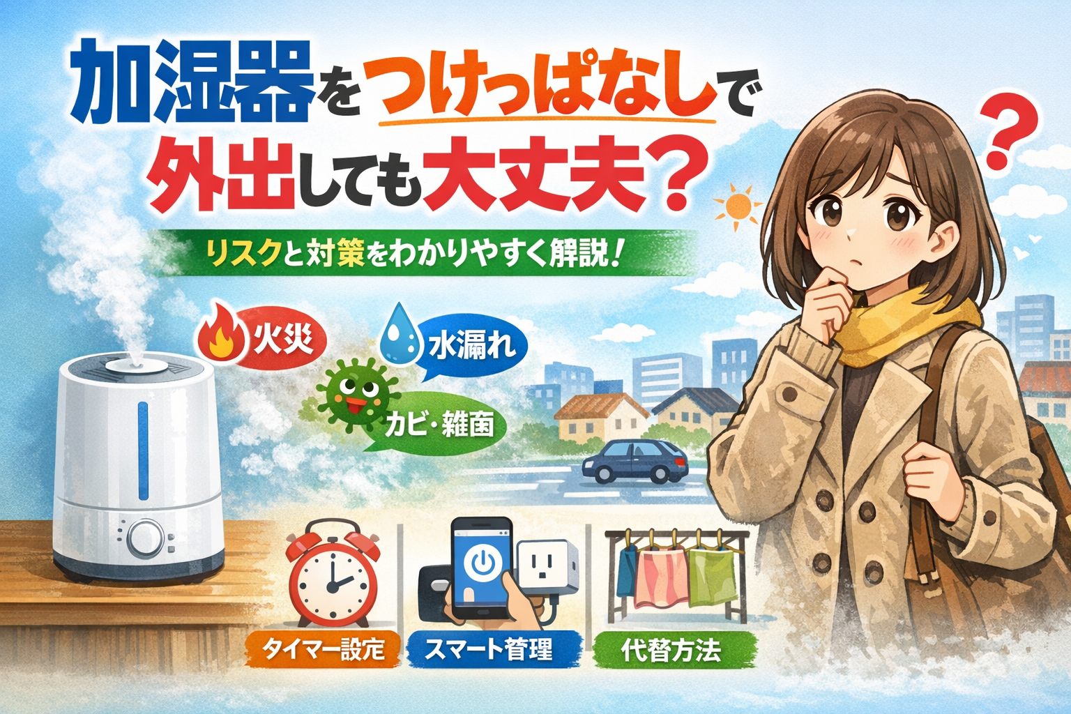 加湿器をつけっぱなしで外出しても大丈夫かを疑問に思う女性のイラスト。火災・水漏れ・カビなどのリスクと、タイマー設定・スマート管理・洗濯物の部屋干しなどの対策がアイコン付きで描かれている。