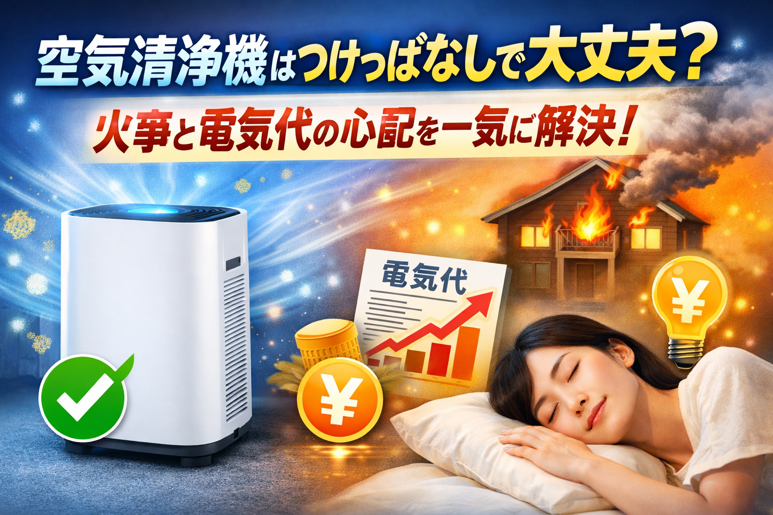 空気清浄機はつけっぱなしで大丈夫？火事や電気代の心配を解説するアイキャッチ画像