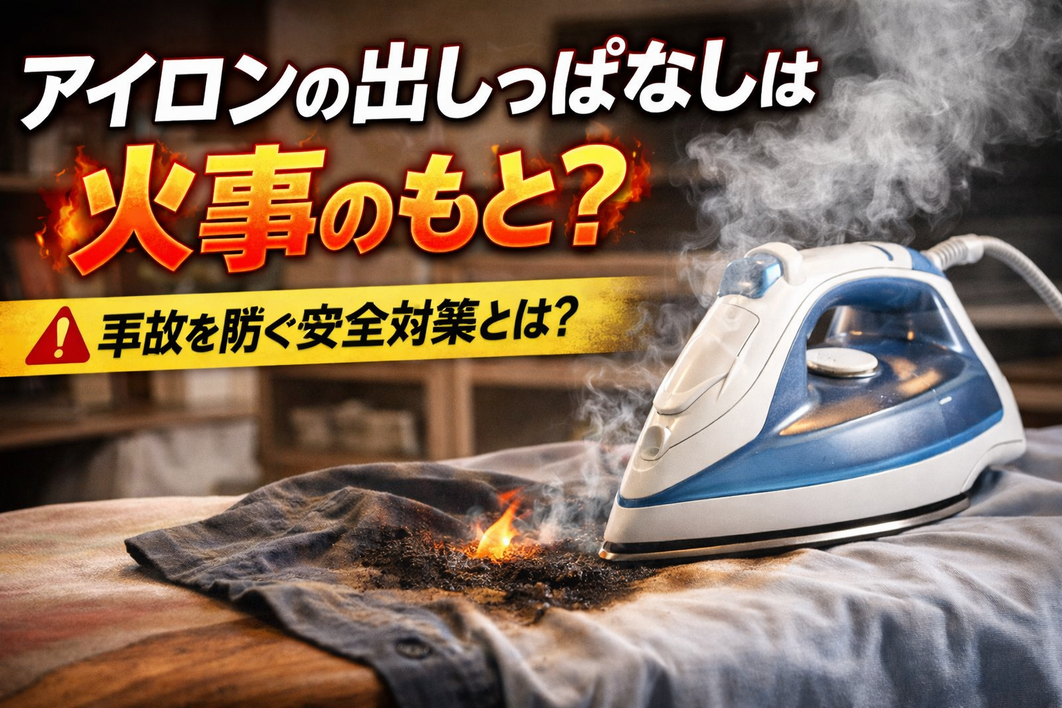 アイロンが布の上に出しっぱなしになり、焦げて煙が出ている様子。「アイロンの出しっぱなしは火事のもと？」という警告メッセージと「事故を防ぐ安全対策とは？」という注意喚起のテキストが表示されている。