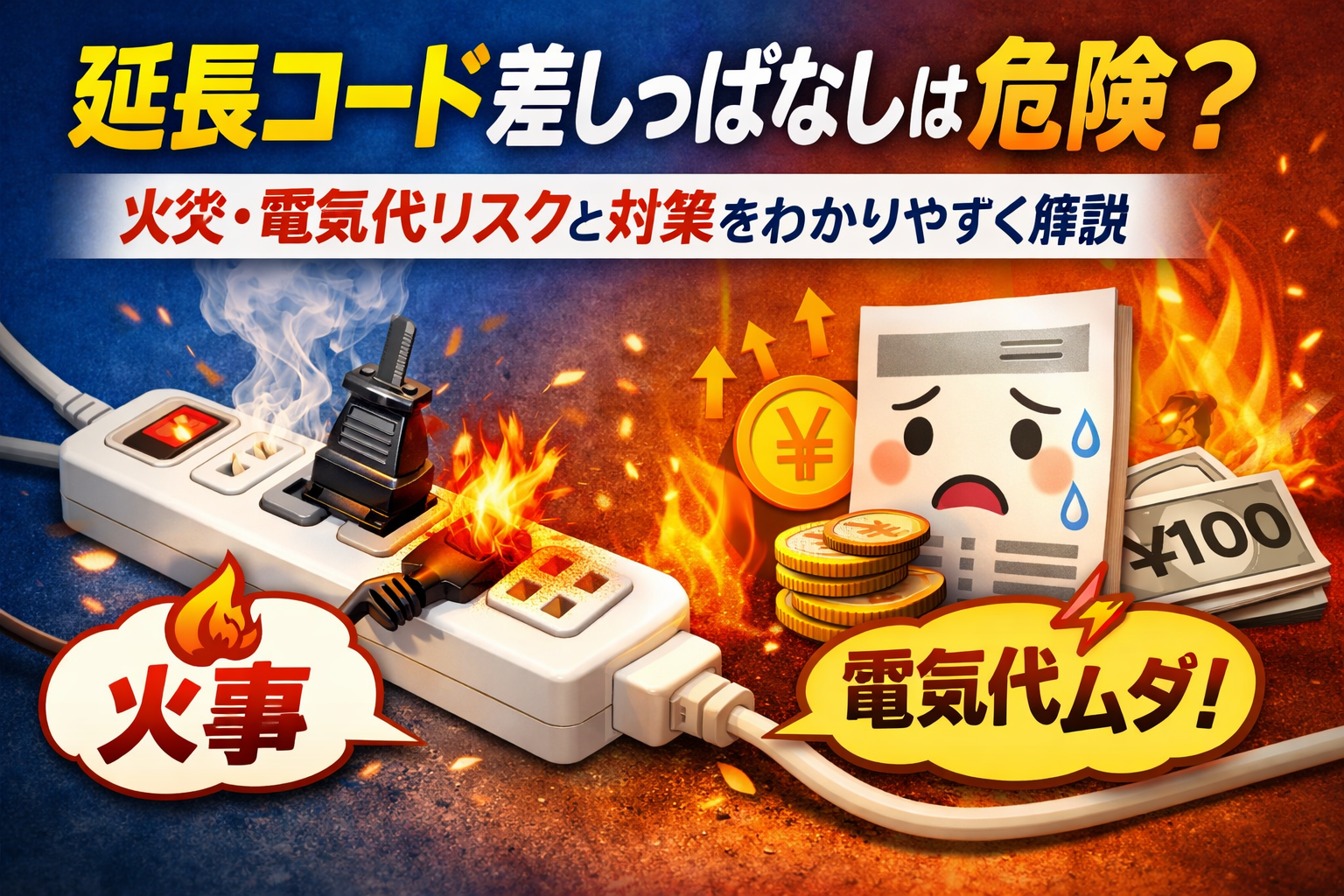 延長コードの差しっぱなしによる火災リスクと電気代のムダを警告する日本語のイラスト。左側には煙と火花が出ている延長コード、右側には電気代が増えて困っている請求書キャラクターとコインが描かれている。