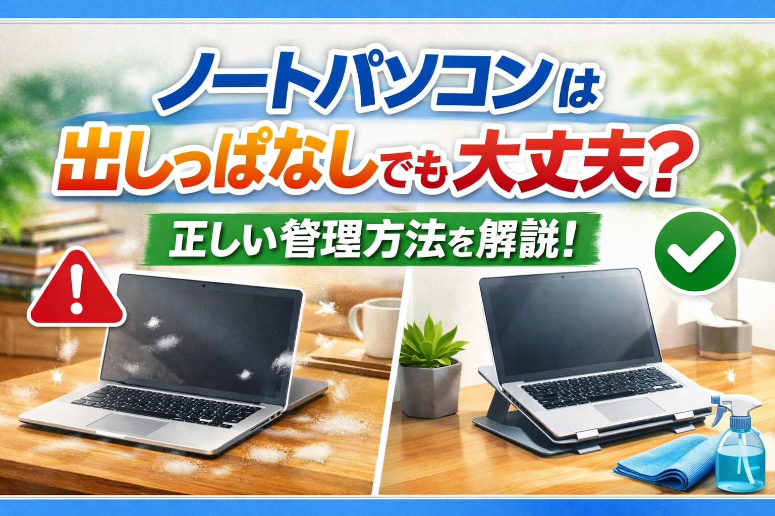 ノートパソコンの正しい管理方法を説明するバナー。左側にはホコリをかぶったノートパソコンと警告アイコン、右側にはスタンドに載せられ清潔に管理されたパソコンとチェックマークが描かれている。
