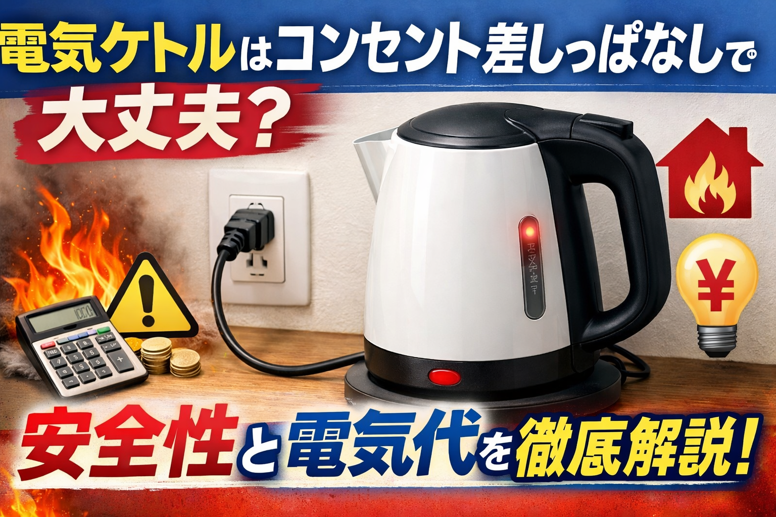 電気ケトルをコンセントに差しっぱなしにしても大丈夫か、安全性や電気代のリスクを警告するイメージ。炎や電球、電卓などのアイコンで危険性やコストを視覚的に伝えている。