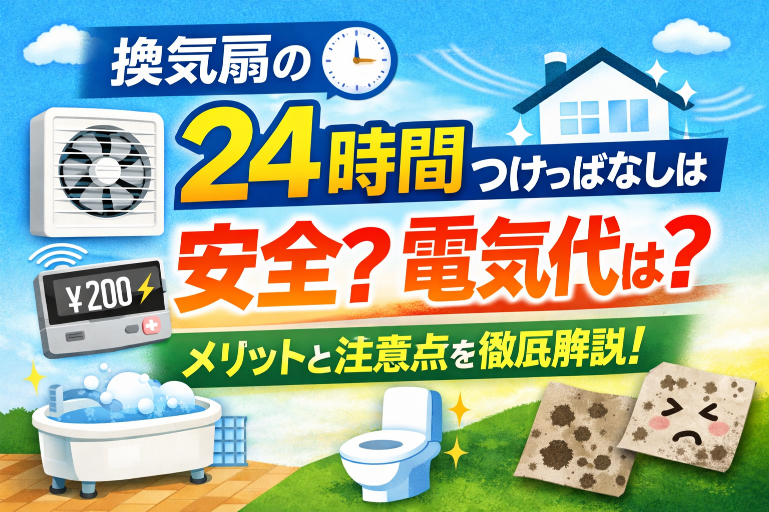 換気扇の24時間つけっぱなしに関する記事のアイキャッチ画像。電気代200円、浴室、トイレ、カビのイラストを使い、「安全？電気代は？メリットと注意点を徹底解説！」という文字が目立つ構成。