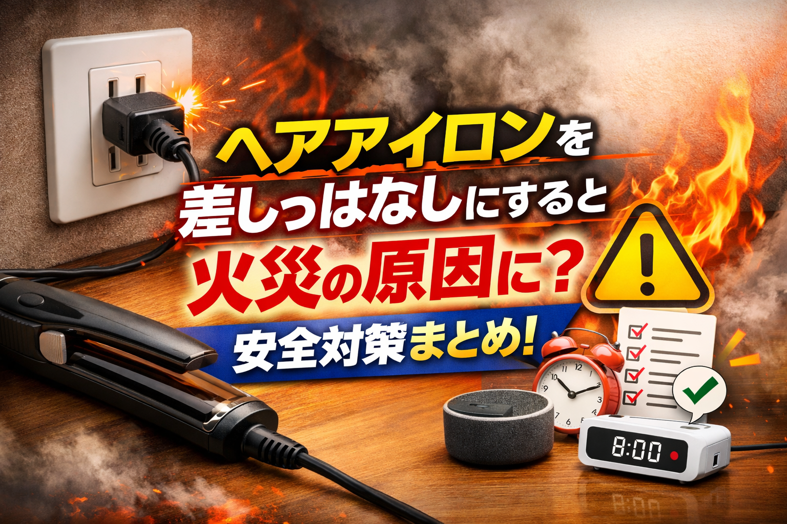 ヘアアイロンをコンセントに差しっぱなしにしたことで火花が出ている様子と、火災のリスクを警告するアイコンや安全対策グッズが並ぶ警告的なビジュアル