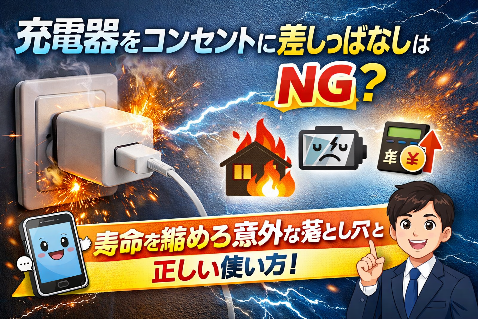充電器をコンセントに差しっぱなしにして発火する様子と、寿命・火災・電気代のリスクを警告するイラスト。正しい使い方を案内するスーツ姿の男性キャラクターとスマホキャラも登場。